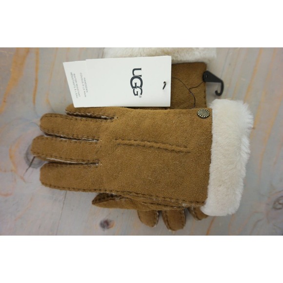 UGG CARTER SINGLE POINT CHESTNUT SUEDE SHEEPSKIN GLOVES WOMENS SMALL NWT - Picture 7 of 12